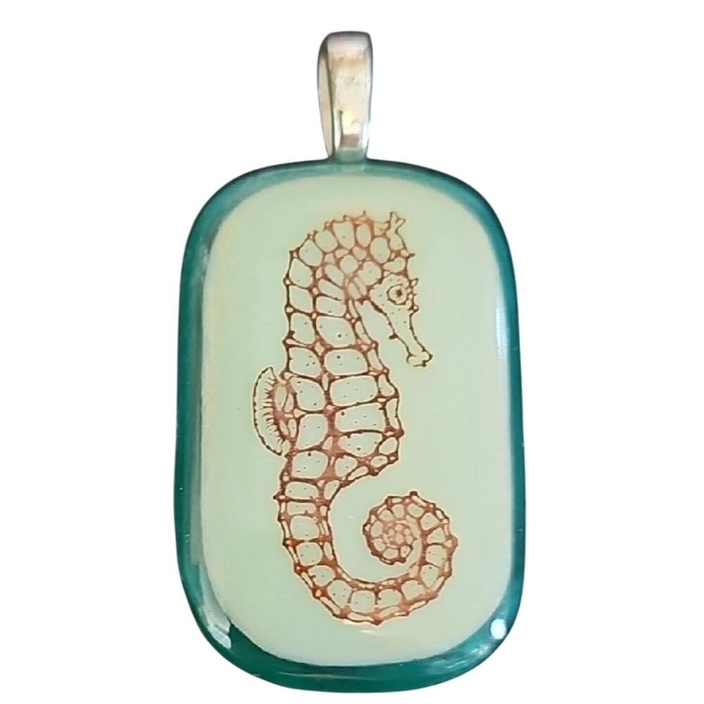 Seahorse Sepia Fused Glass w/Green Bottom Pendant Only Sealife Lovers 2" x 1"
